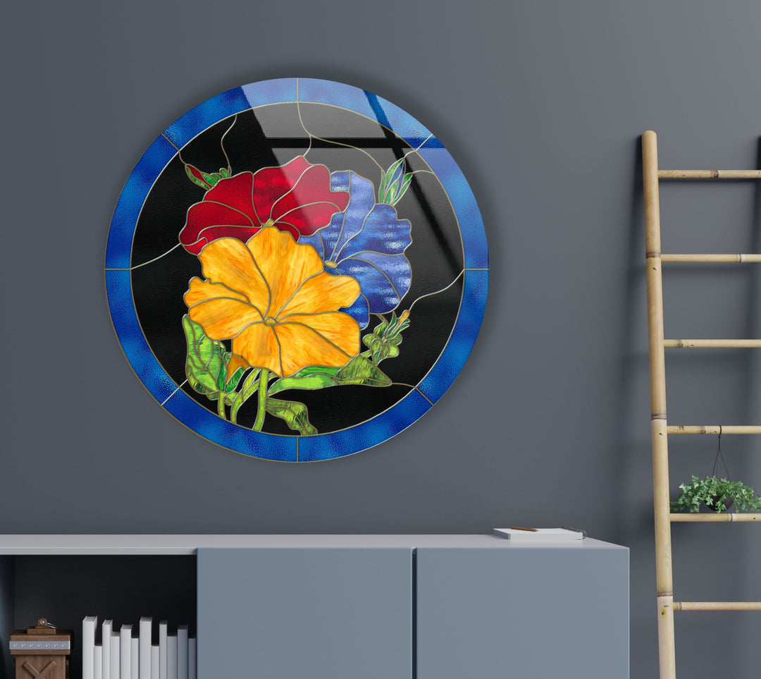 Colorful Flowers Round Glass Wall Art Glass Printing Wall Art, Print photos on glass
