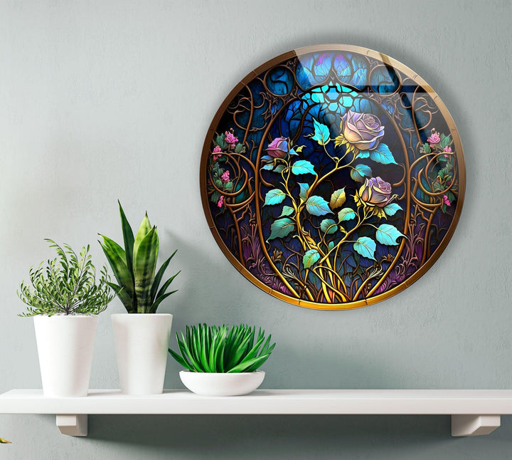 Stained Round Blue Rose Glass Wall Art glass art painting, glass art for the Wall
