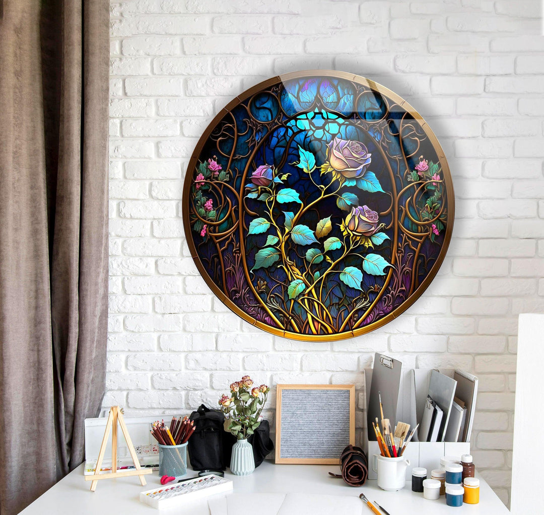 Stained Round Blue Rose Glass Wall Art Glass Printing Wall Art, Print photos on glass
