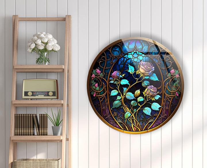 Stained Round Blue Rose Glass Wall Art custom glass pictures, glass art prints
