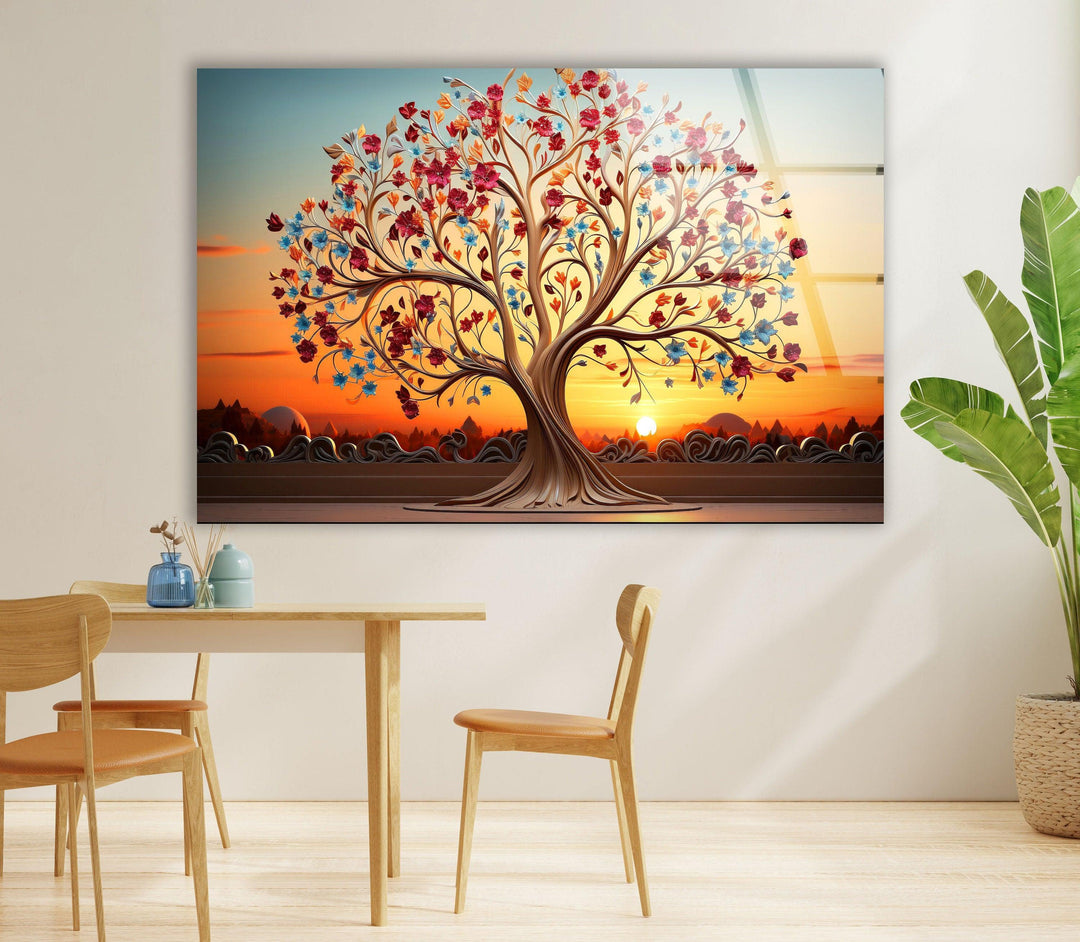 Colorful Tree At Sunset Glass Wall Art, custom glass pictures, glass art prints