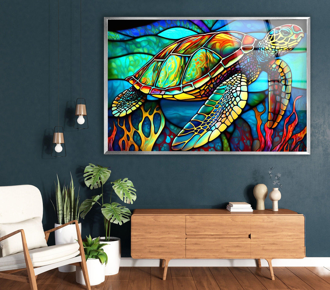 Stained Sea Turtle Glass Wall Art custom glass pictures, glass art prints