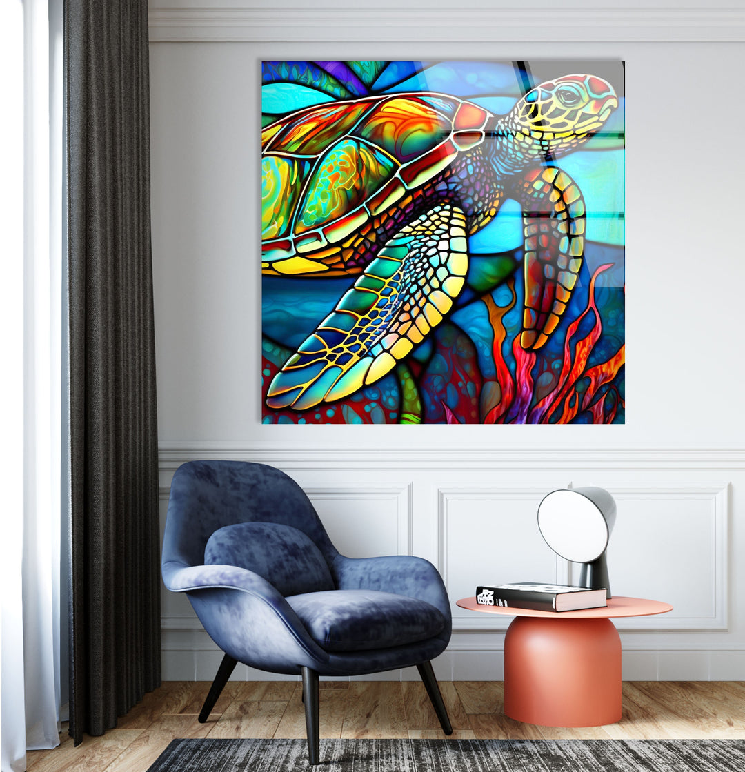 Stained Sea Turtle Glass Wall Art custom glass photo prints, large glass prints