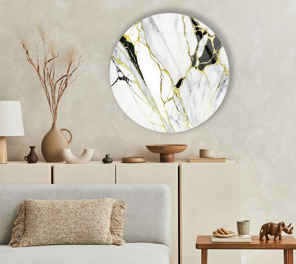 White & Gold Marble Round Glass Wall Art glass art painting, glass art for the Wall
