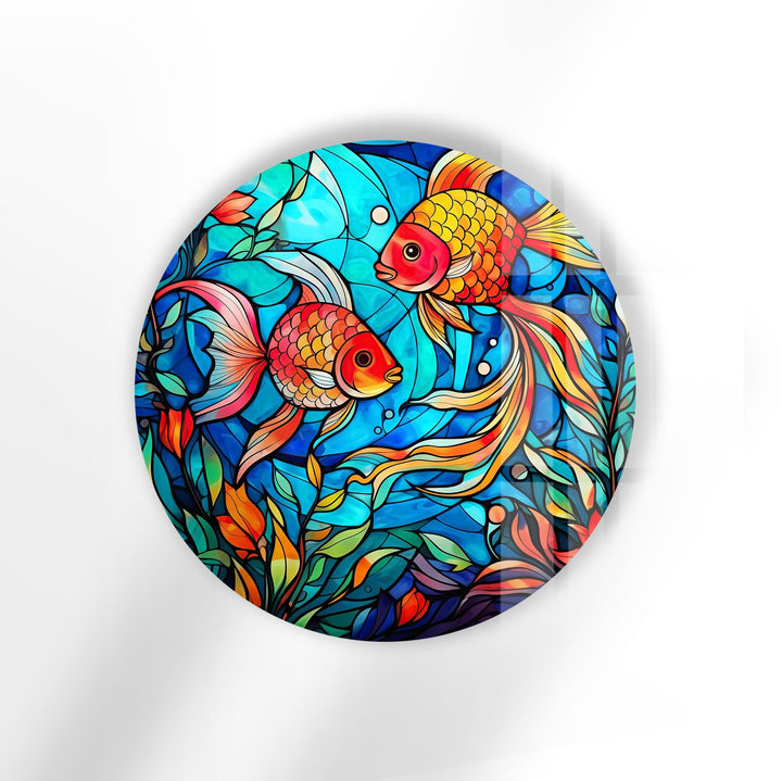 Stained Little Fishes Round Glass Wall Art vglass art painting, glass art for the Wall
