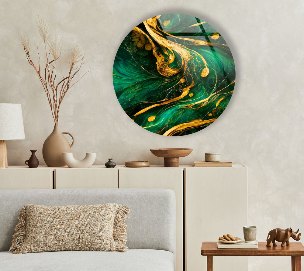 Green & Gold Abstract Round Glass Wall Art glass wall decor, glass wall art decor
