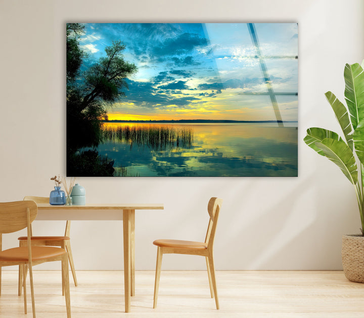 Gentle Sunrise Over The Lake Glass Wall Art photo print on glass, prints on glass wall art