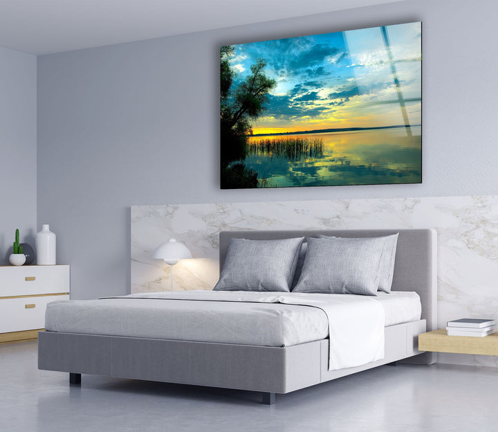 Gentle Sunrise Over The Lake Glass Wall Art picture on glass wall art, photos printed on glass