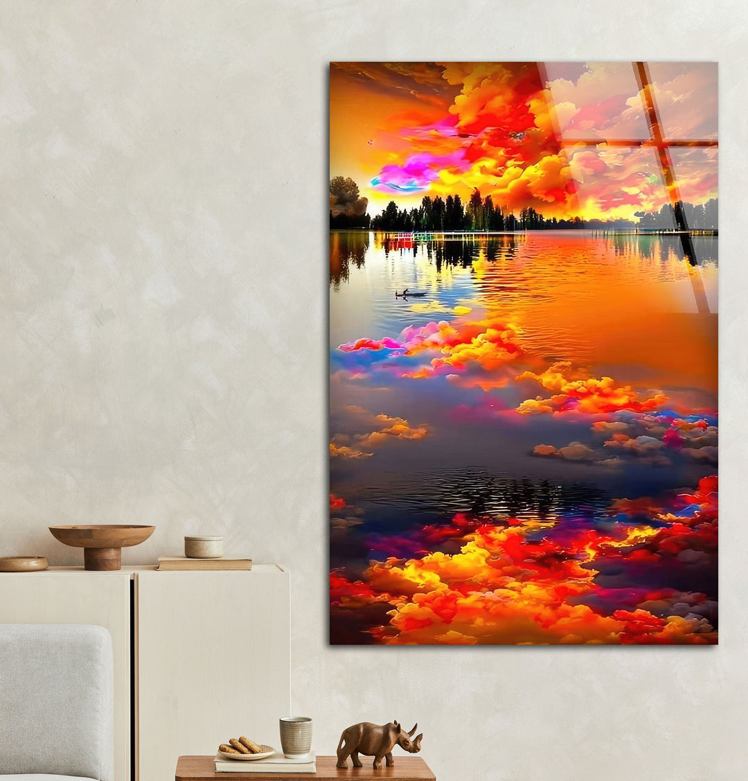 Fiery Sky Reflected in Lake Glass Wall Art picture on glass wall art, photos printed on glass