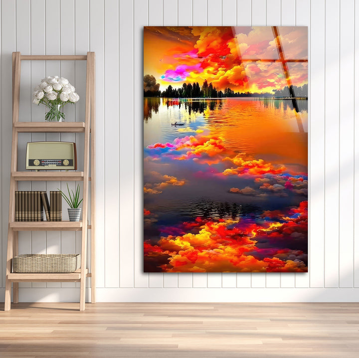 Fiery Sky Reflected in Lake Glass Wall Art glass art painting, glass art for the Wall