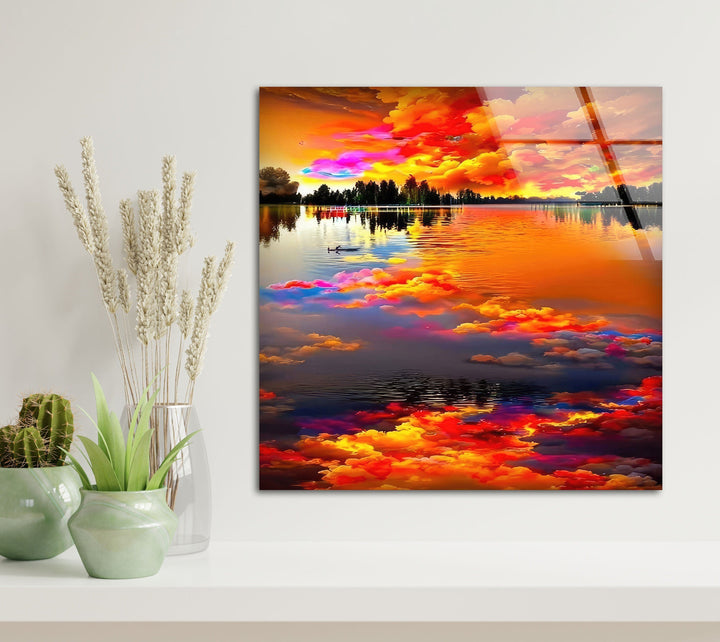 Fiery Sky Reflected in Lake Glass Wall Art art glass wall art, glass wall art pictures