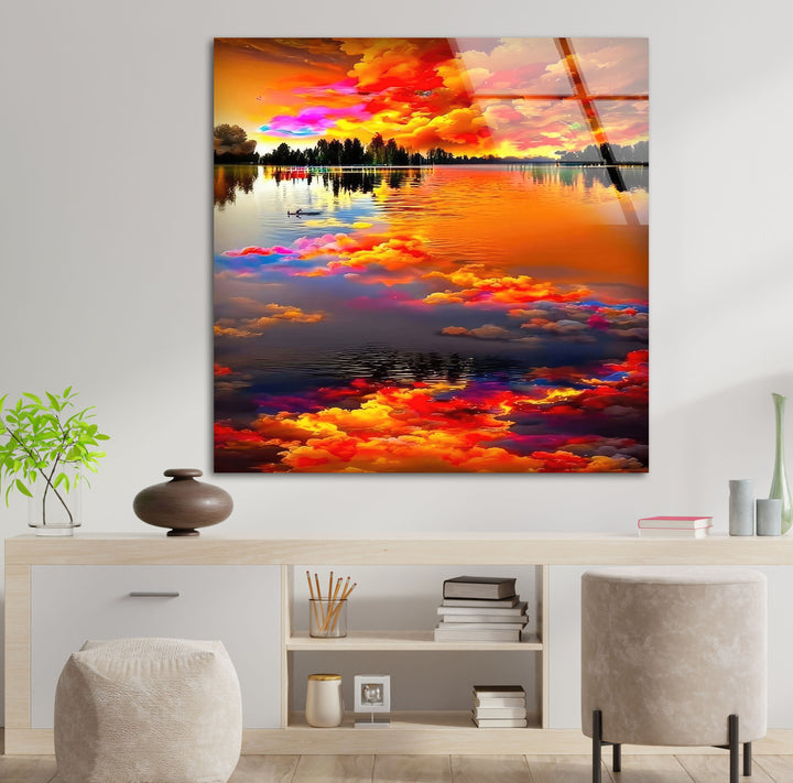 Fiery Sky Reflected in Lake Glass Wall Art glass wall decor, glass wall art decor