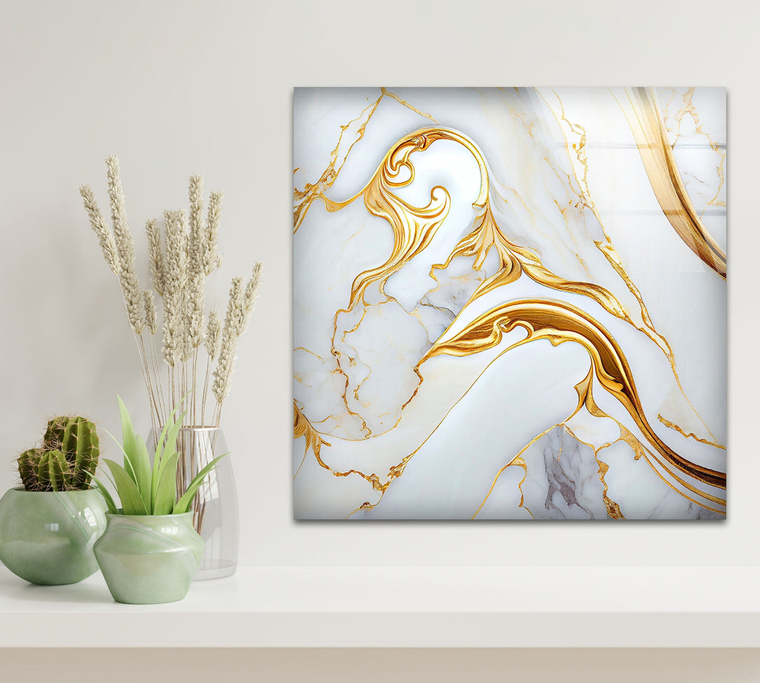 White and Gold Marble Abstract Glass Wall Art