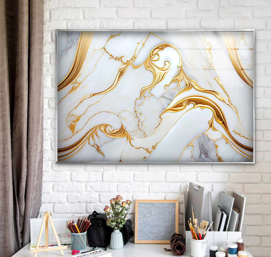 White and Gold Marble Abstract Glass Wall Art