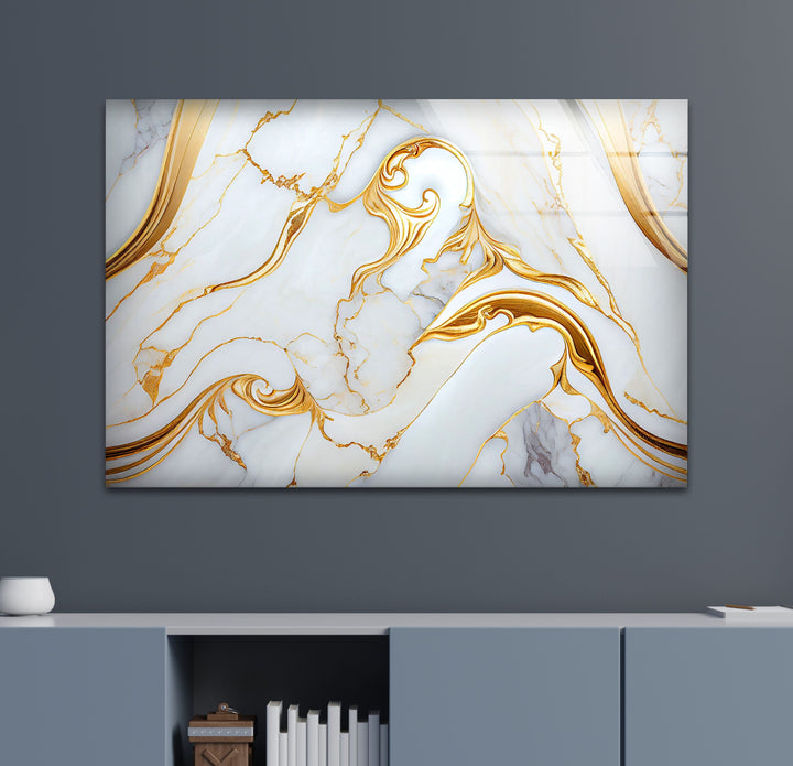 White and Gold Marble Abstract Glass Wall Art