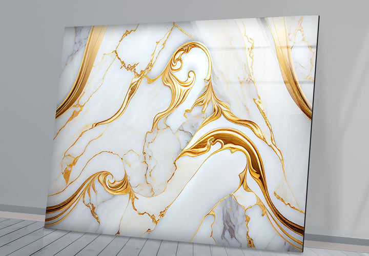 White and Gold Marble Abstract Glass Printing Arts