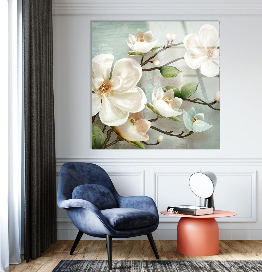 Magnolias Oil Paintings Glass Wall Art, custom glass pictures, glass art prints