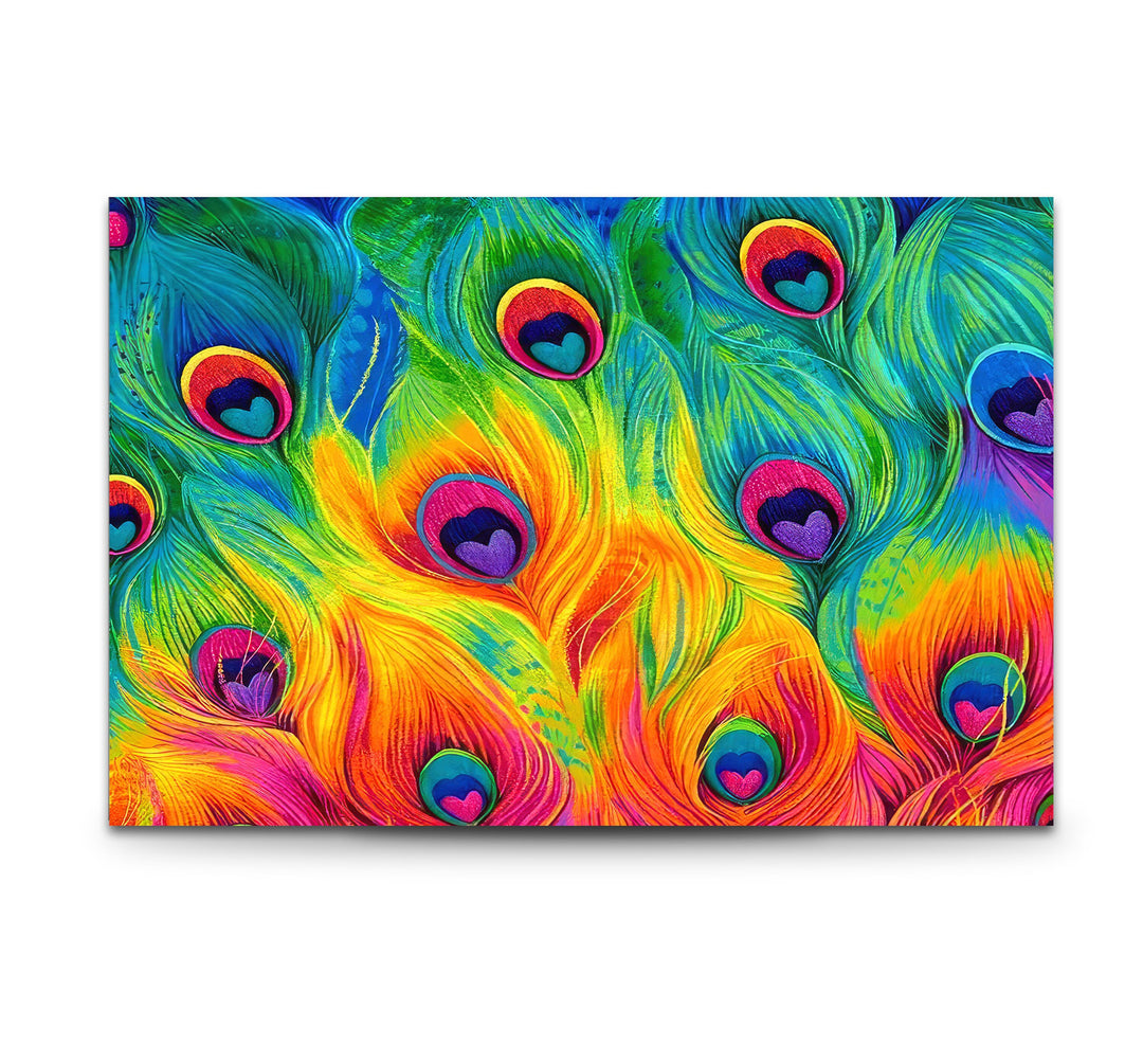 Colored Peacock Feathers Glass Wall Art custom glass photo prints, large glass prints
