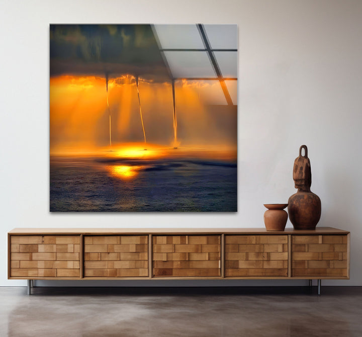 a painting of a sunset over a body of water