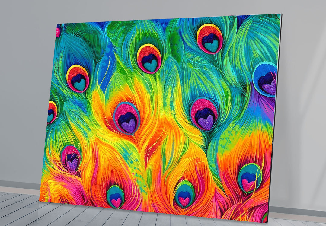 Colored Peacock Feathers Glass Wall Art custom glass pictures, glass art prints
