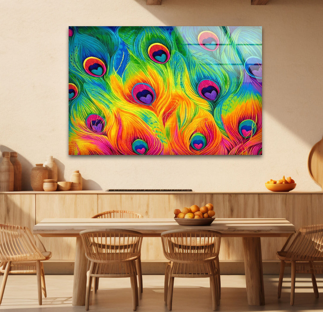 Colored Peacock Feathers Glass Wall Art large glass photo prints, glass wall photos
