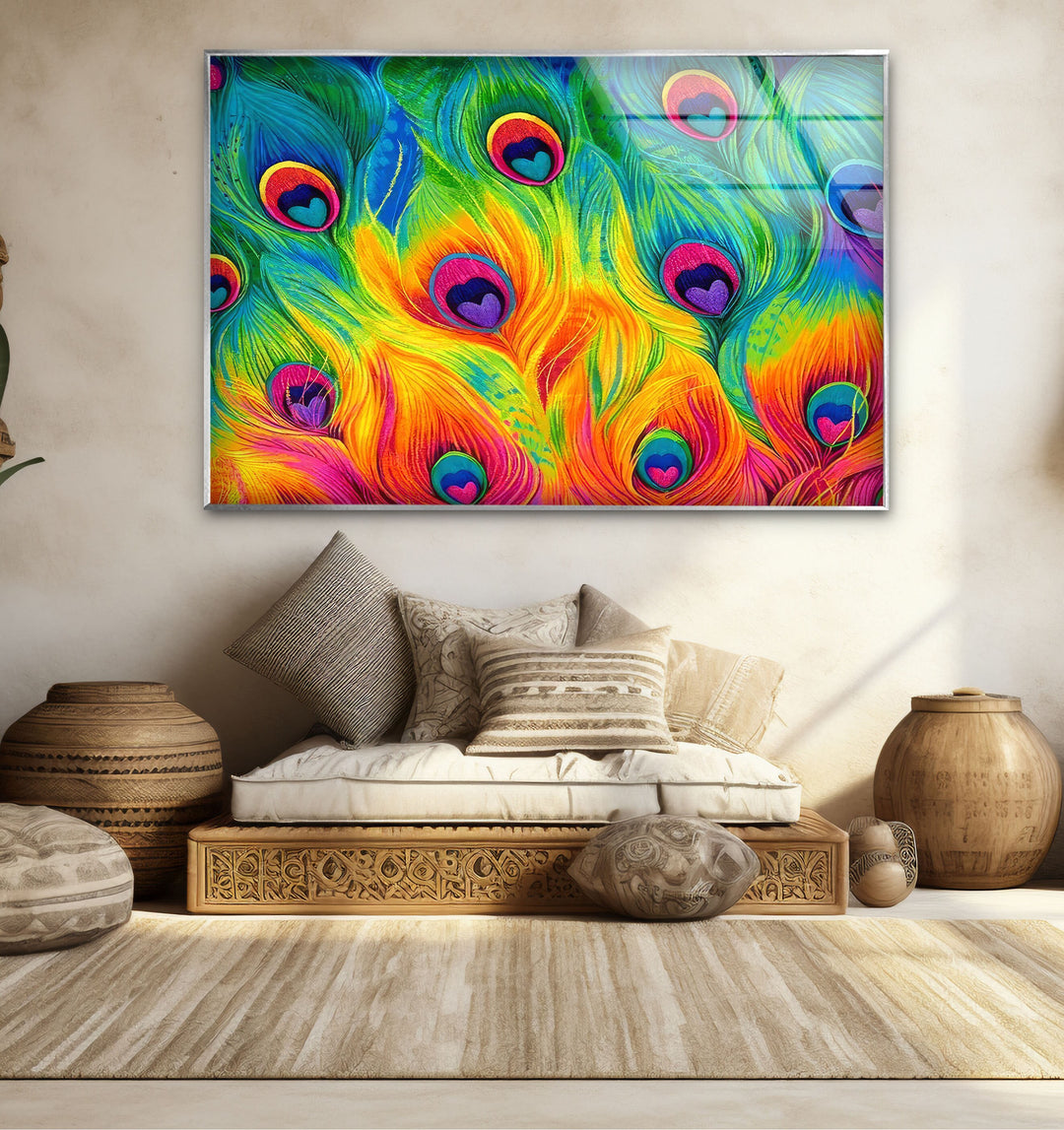 Colored Peacock Feathers Glass Wall Art print picture on glass, Tempered Glass Wall Art
