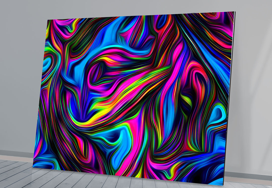 a multicolored painting on a wall in a room