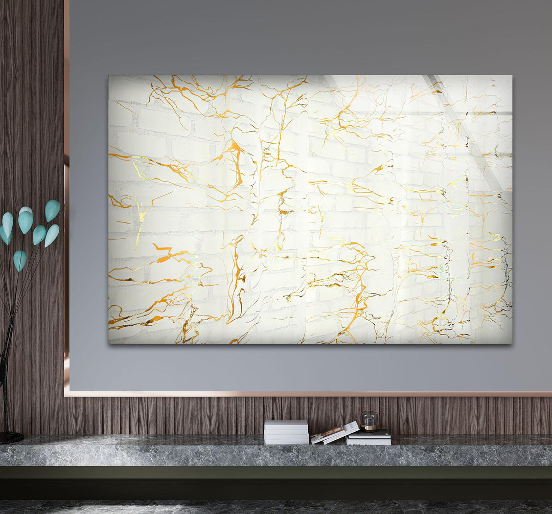 White Marble with Gold Waves Glass Printing Wall Art