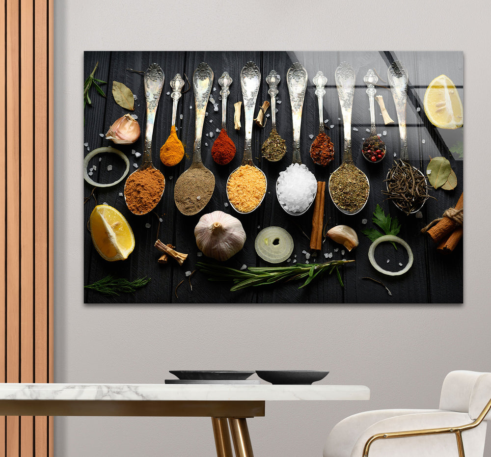 Rustic Spoons On Spices Glass Wall Art, glass wall decor, glass wall art decor