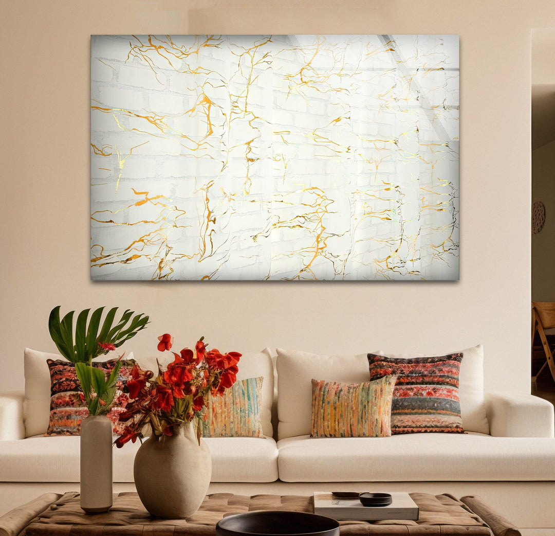 White Marble with Gold Waves Glass Wall Art