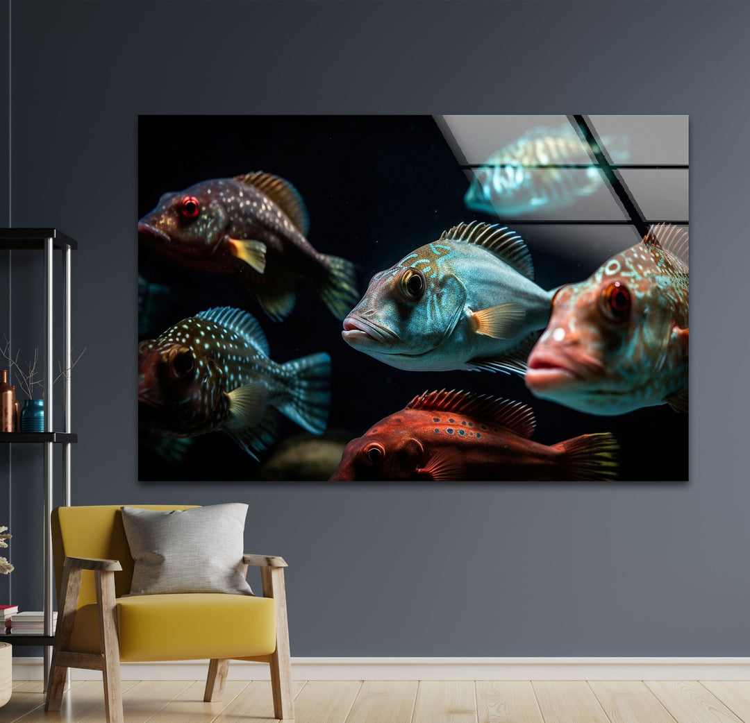 Colorful Fish Swimming Glass Wall Art glass image printing, glass prints from photos