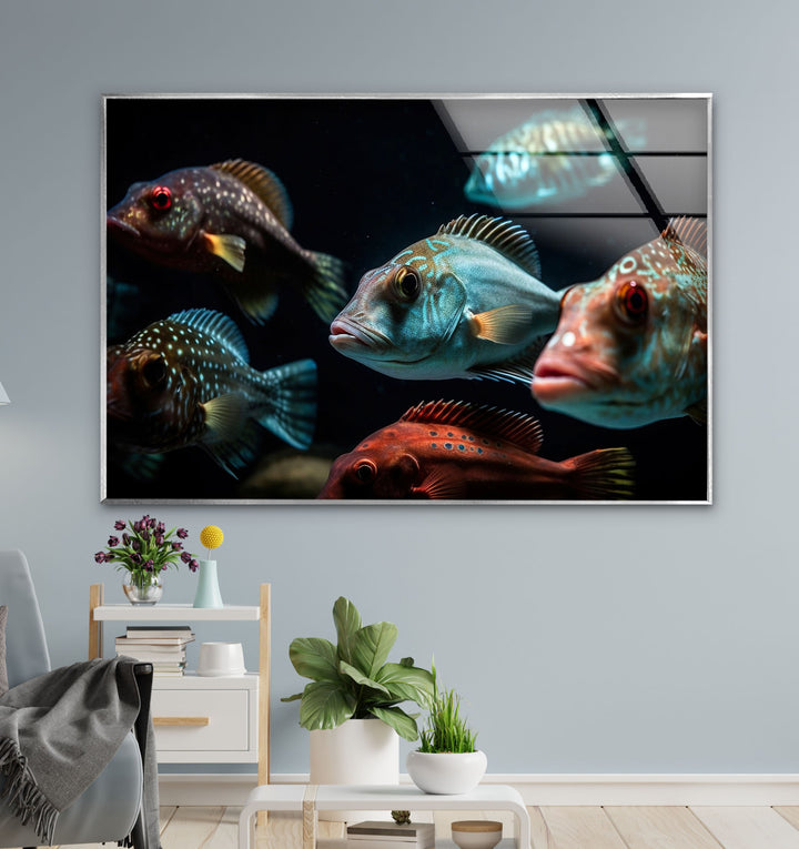 Colorful Fish Swimming Glass Wall Art glass pictures for Wall, glass prints wall art