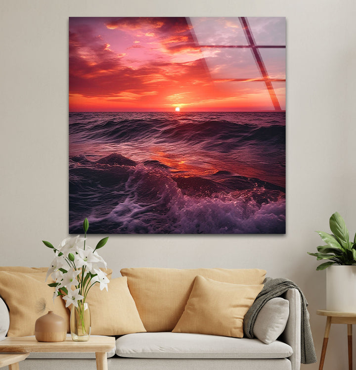 Red Sunset & Big Waves Glass Wall Art art glass wall art, glass wall art pictures