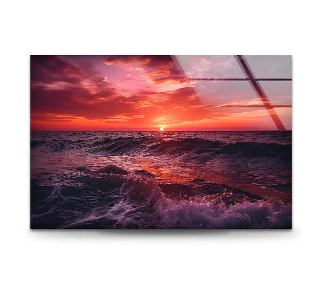 Red Sunset & Big Waves Glass Wall Art glass image printing, glass prints from photos