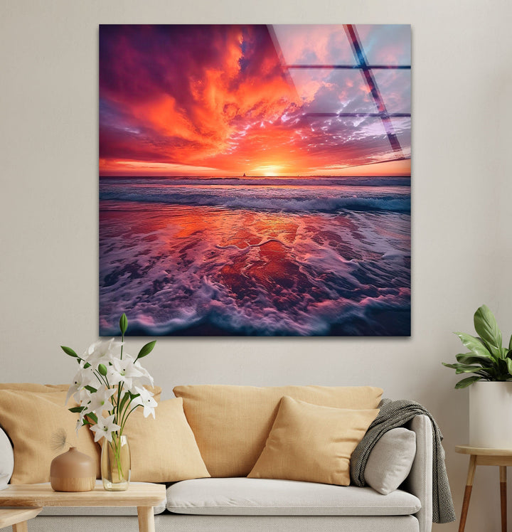 Sunset Over Water Waves Glass Wall Art print on glass, glass printed photos