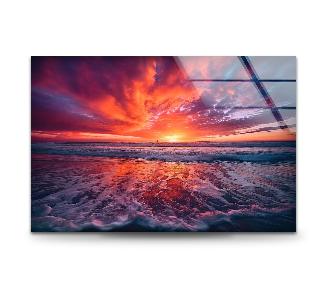 Sunset Over Water Waves Glass Wall Art custom glass pictures, glass art prints