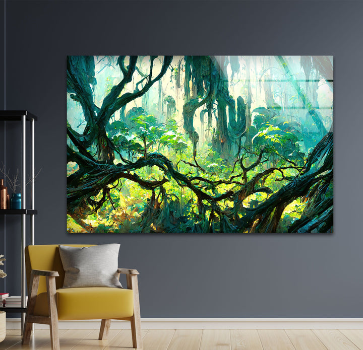 Forest Mayan Style Trees Glass Wall Art picture on glass wall art, photos printed on glass