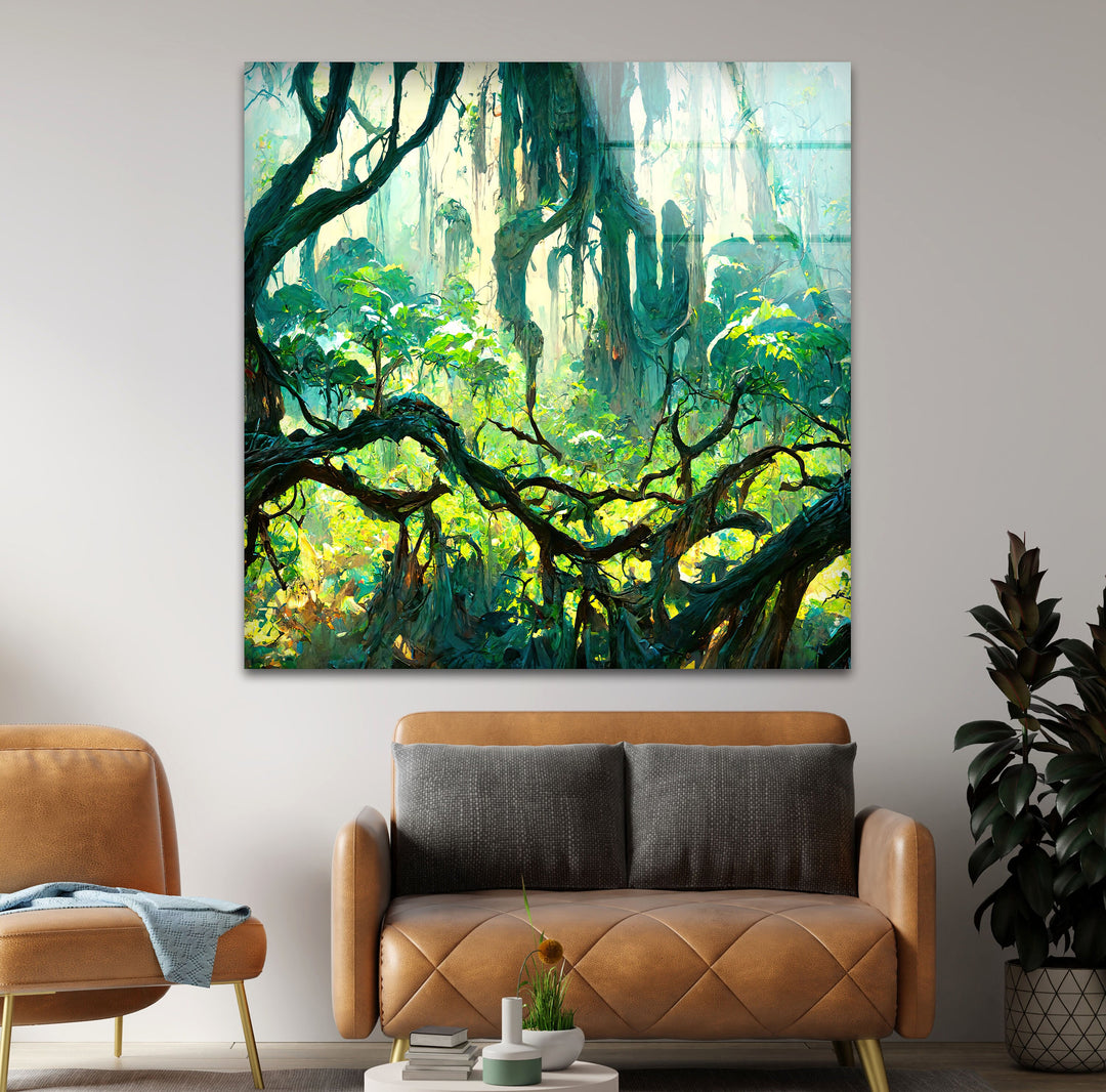 Forest Mayan Style Trees Glass Wall Art glass art painting, glass art for the Wall