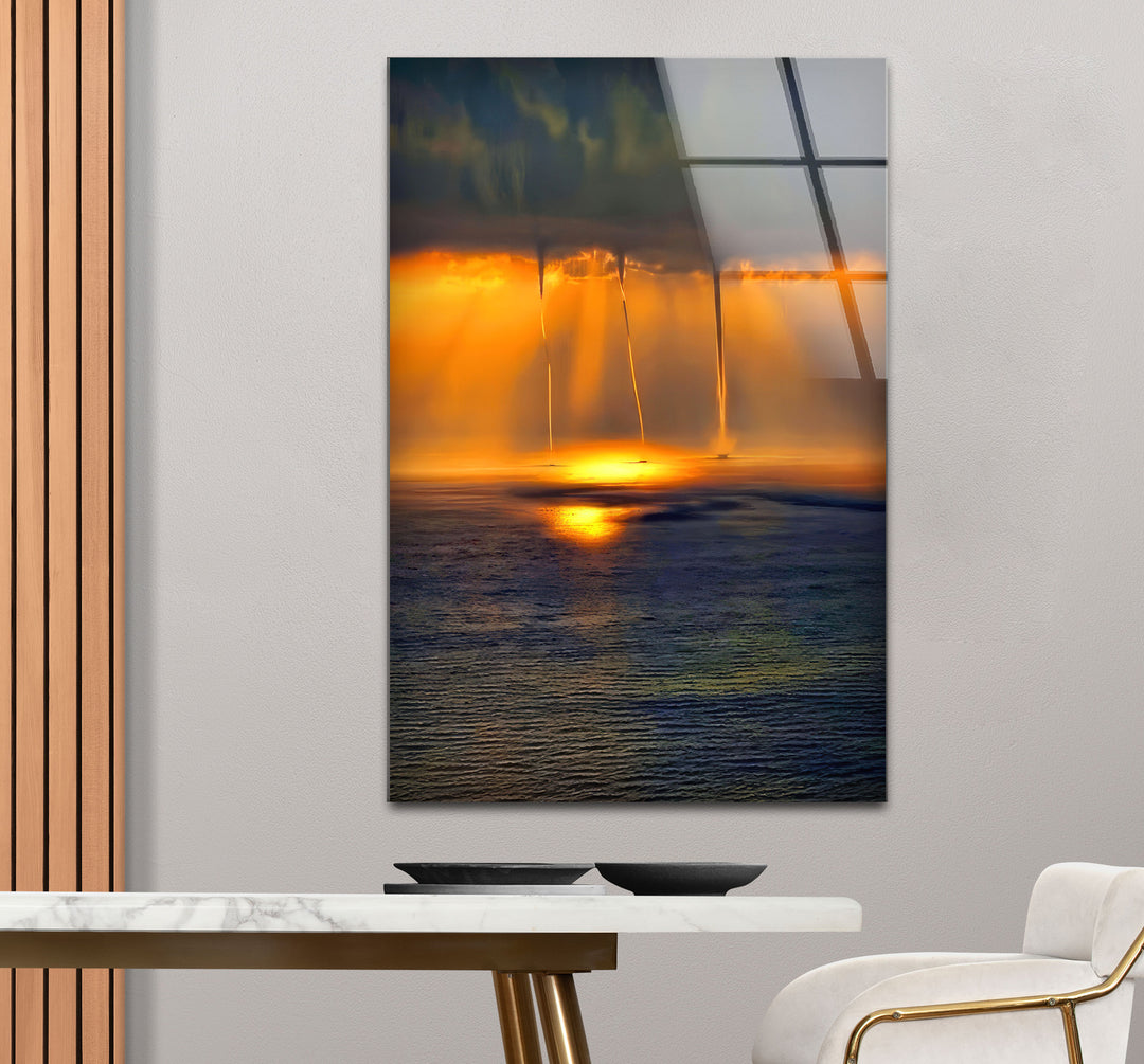 a painting of a sunset over a body of water