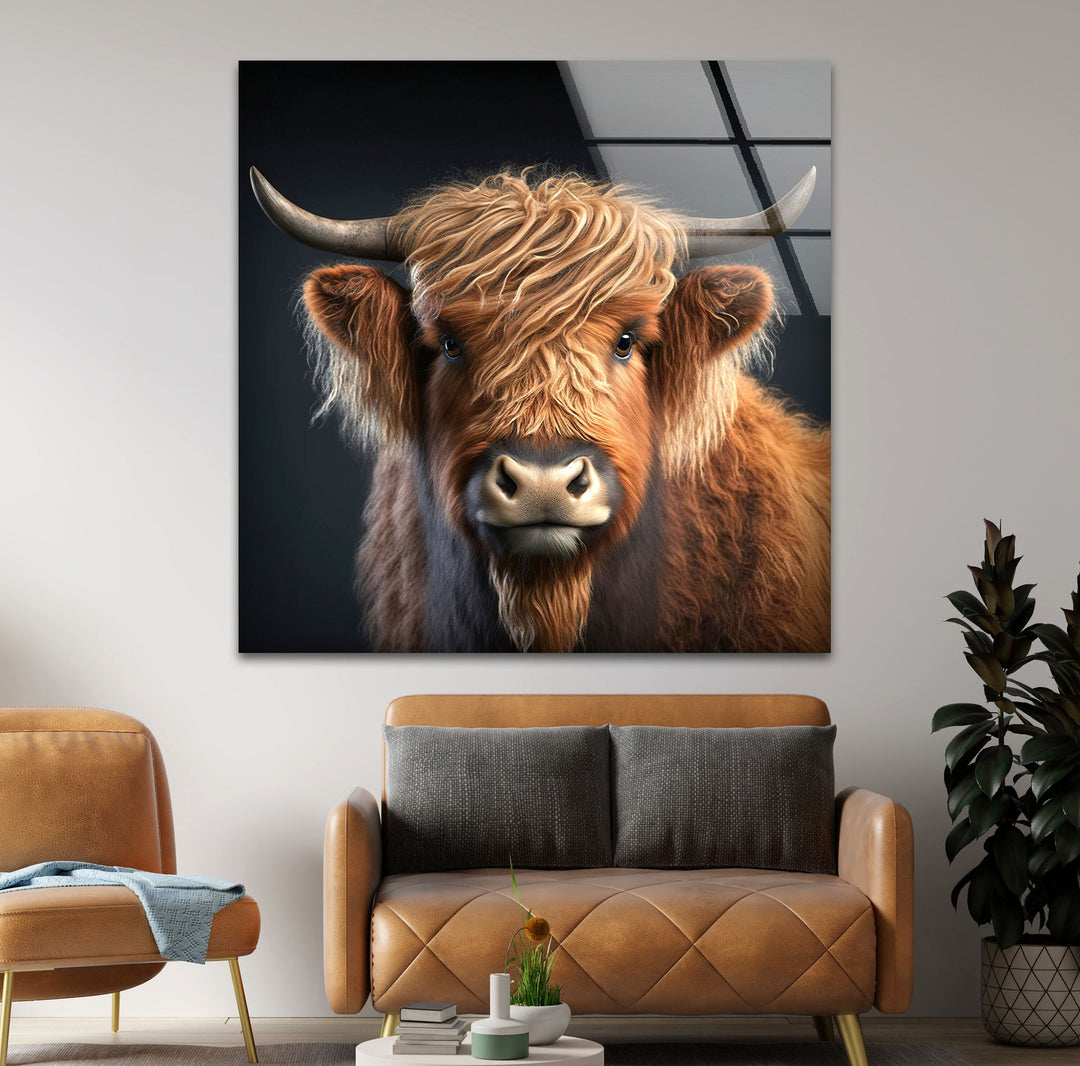 Scottish Cow Portrait Glass Wall Art print picture on glass, Tempered Glass Wall Art