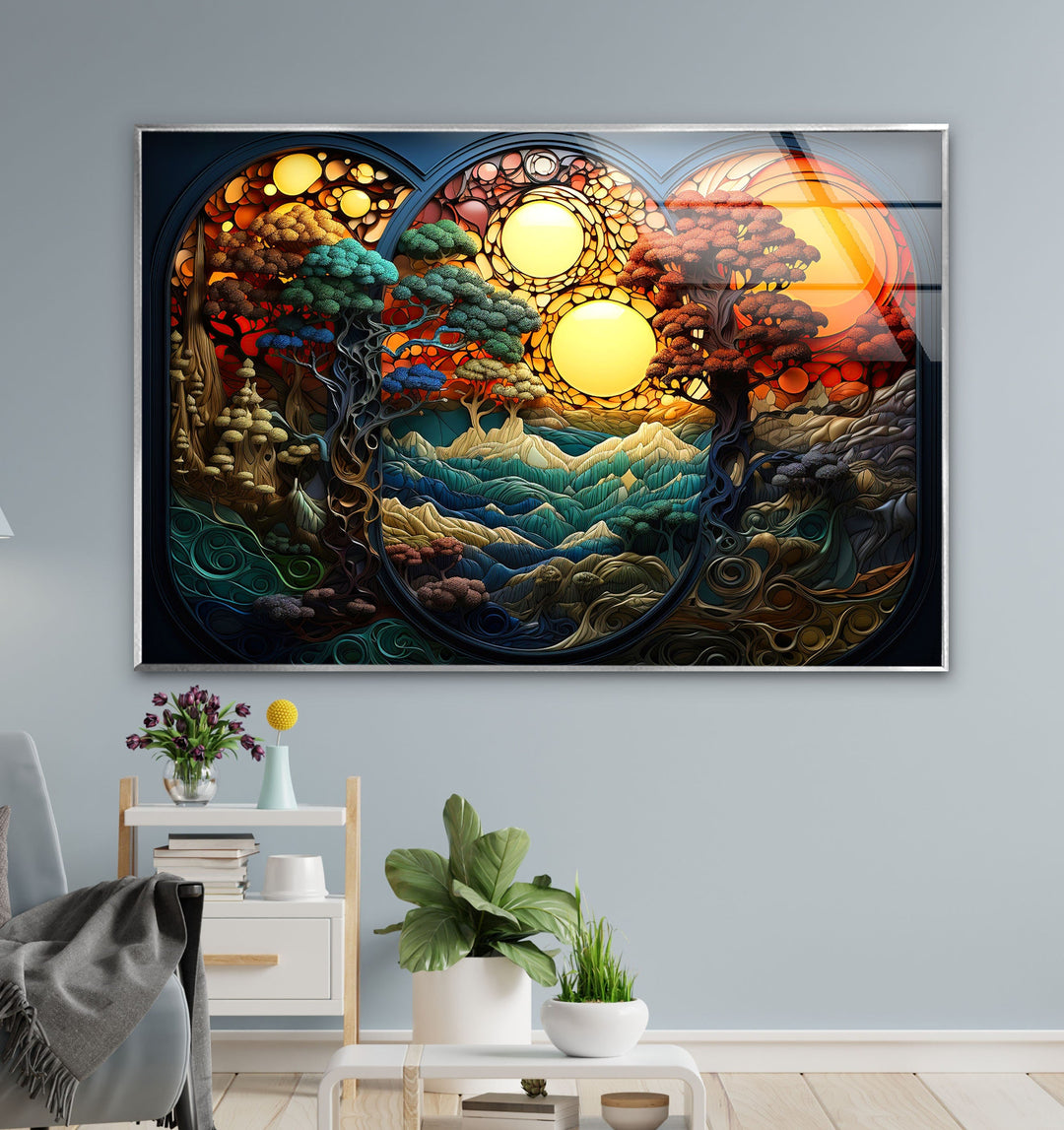 Stained Nature Sunset Glass Wall Art custom glass pictures, glass art prints