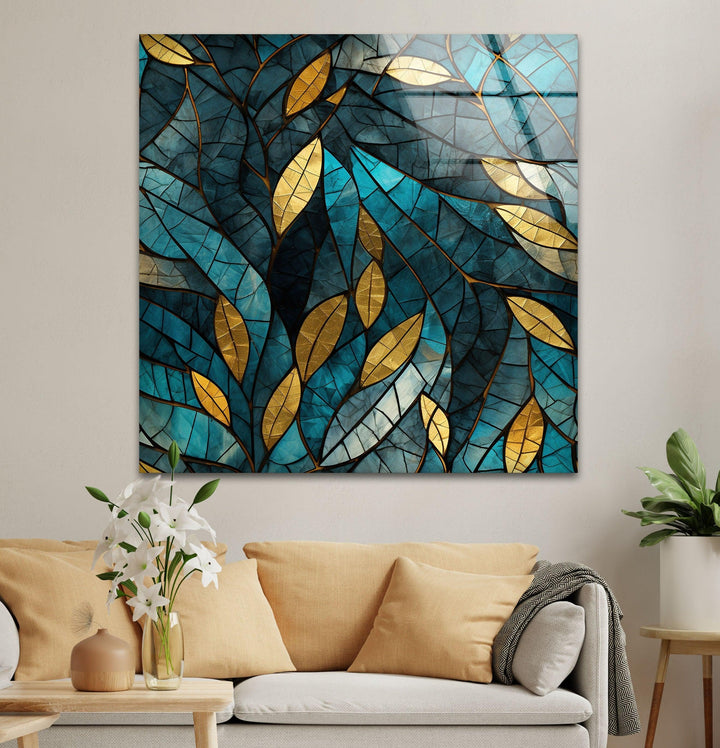 Blue & Gold Leaves Glass Wall Art glass pictures for Wall, glass prints wall art