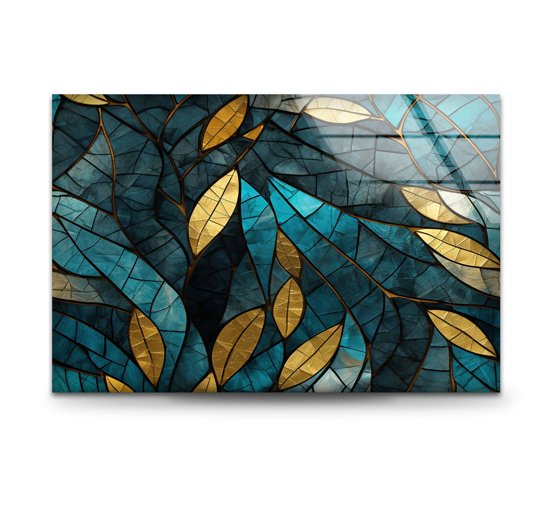 Blue & Gold Leaves Glass Wall Art glass wall decor, glass wall art decor