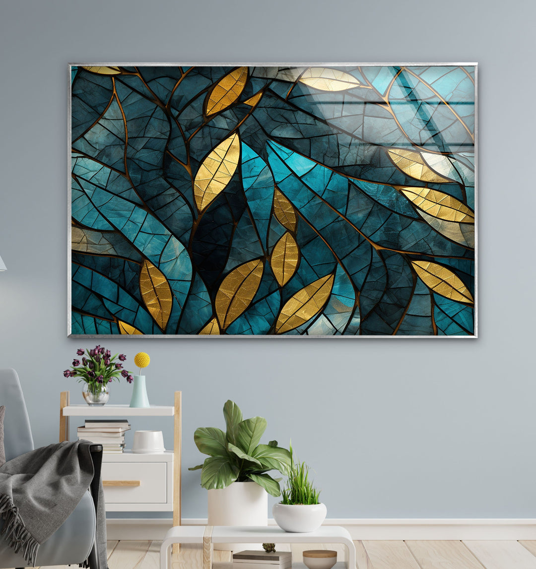 Blue & Gold Leaves Glass Wall Art glass art painting, glass art for the Wall