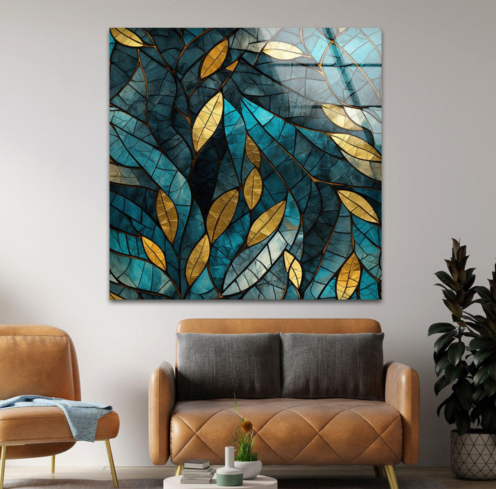 Blue & Gold Leaves Glass Wall Art glass photo prints, glass picture prints