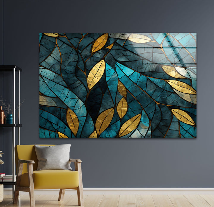 Blue & Gold Leaves Glass Wall Art glass image printing, glass prints from photos