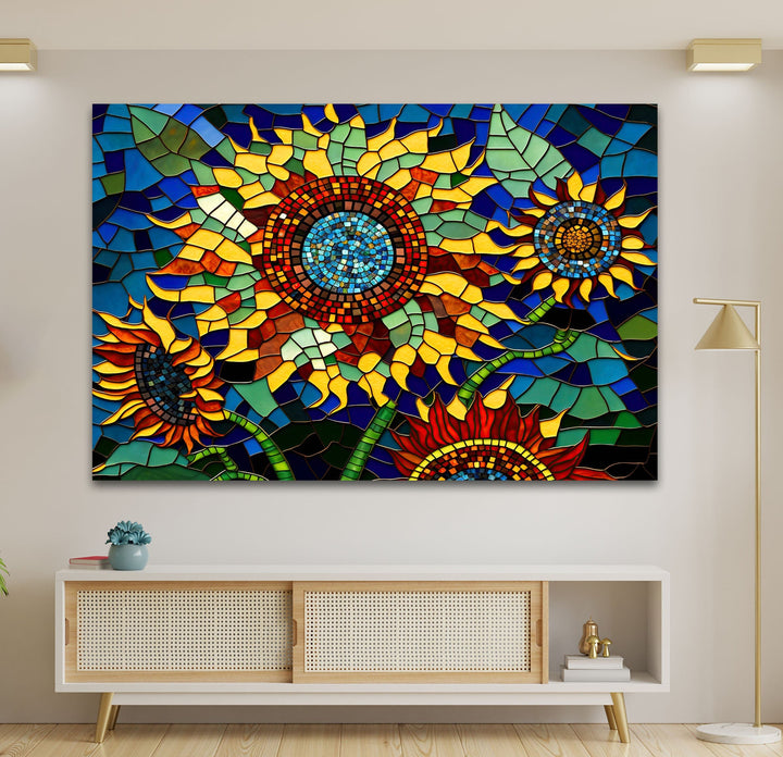 Mosaic Of Sunflowers Glass Wall Art, large glass photo prints, glass wall photos