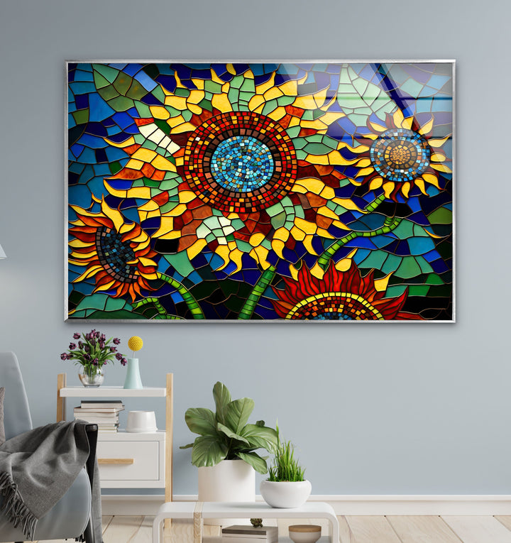 Mosaic Of Sunflowers Glass Wall Art, glass photo prints, glass picture prints