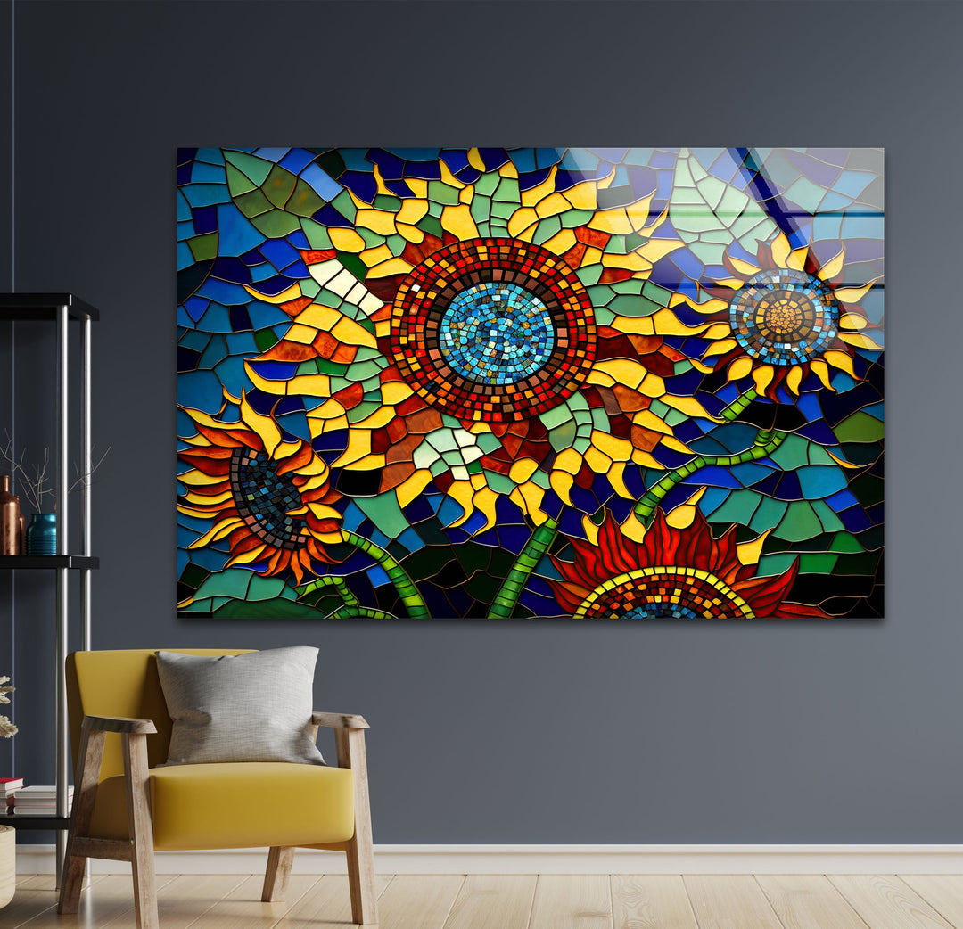 Mosaic Of Sunflowers Glass Wall Art, Glass Printing Wall Art, Print photos on glass