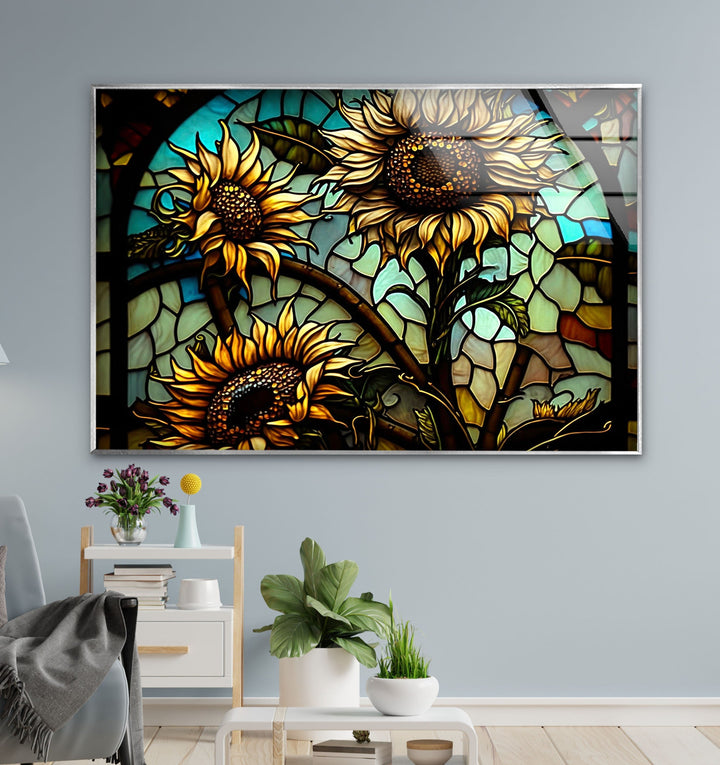 Sunflowers In A Stained Glass Window Glass Wall Art, glass photo prints, glass picture prints